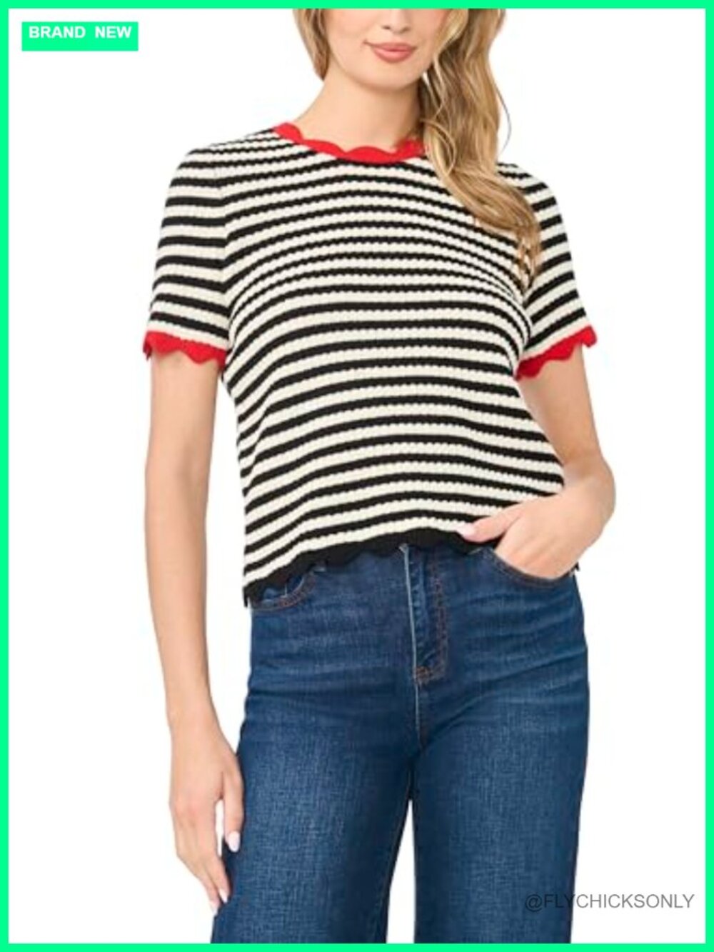 Striped Pointelle Short Sleeve Crew Neck Pullover Sweater Knit Top